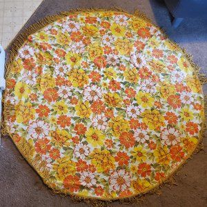 Vintage Floral MCM Tablecloth with Fringe - yellow, orange, green, white
